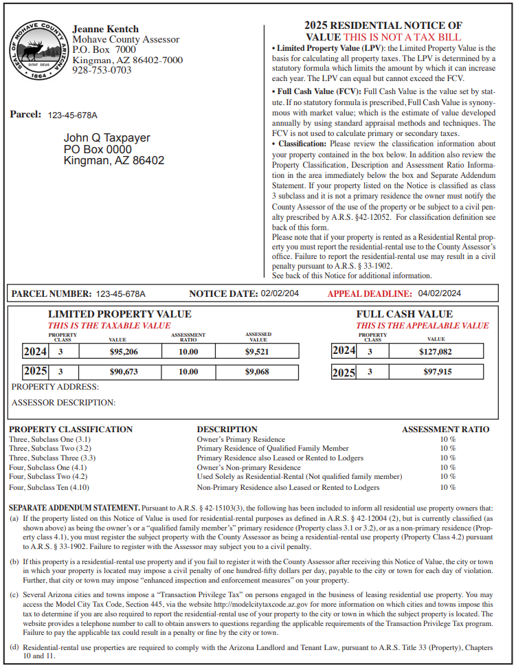 Sample notice of value